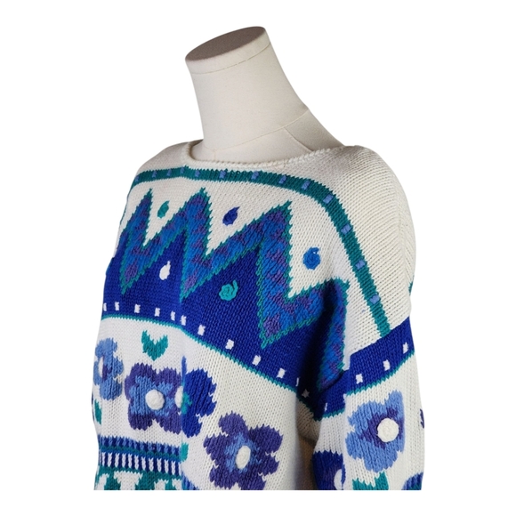 Vintage Worthington 80s Floral Knit Sweater L Bold Blue Geometric Pullover - Picture 2 of 7
